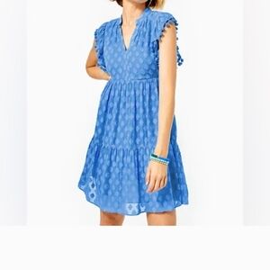 Lilly Pulitzer Arleah Pom Pom dress tiered texture cornflower blue dress, size 8